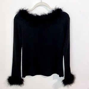 Black Shimmer Long Sleeve Top with Faux Fur Trim